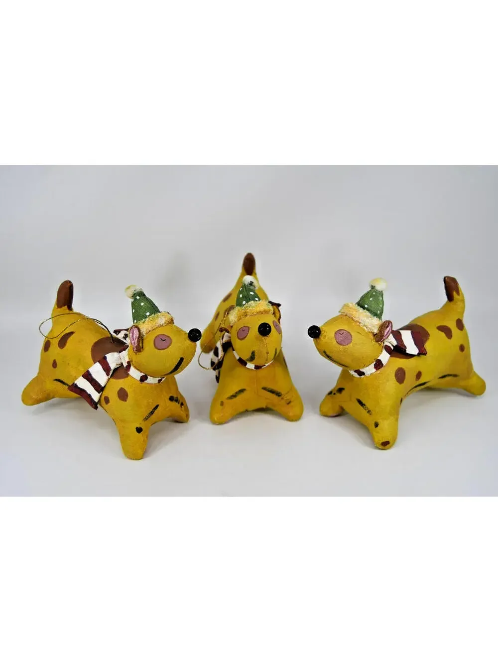 VTG Fabric Mache Christmas Ornament Spotted Dog Pup Scarf Hat Painted Hard Plush